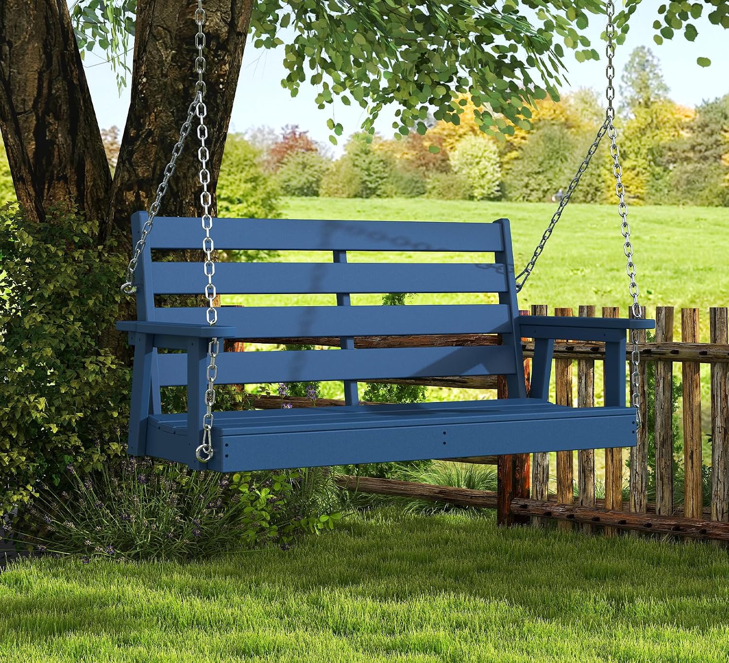 GREENVINES Porch Swing | 51'' | HDPE Plastic | for Outdoor Patio | All Weather | Waterproof Bench Swings | w/ 4 Stainless Steel Chains | Blue