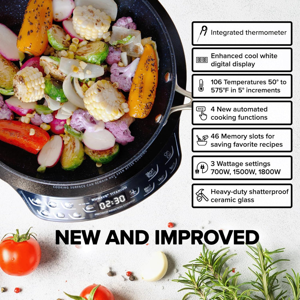 Nuwave Upgraded Induction Cooktop, 3 Wattage Control, Patented Digital Temp Probe, 8'Large Heating Coil, 12'Shatter-Proof Ceramic Glass,106 Temps-Ctrl