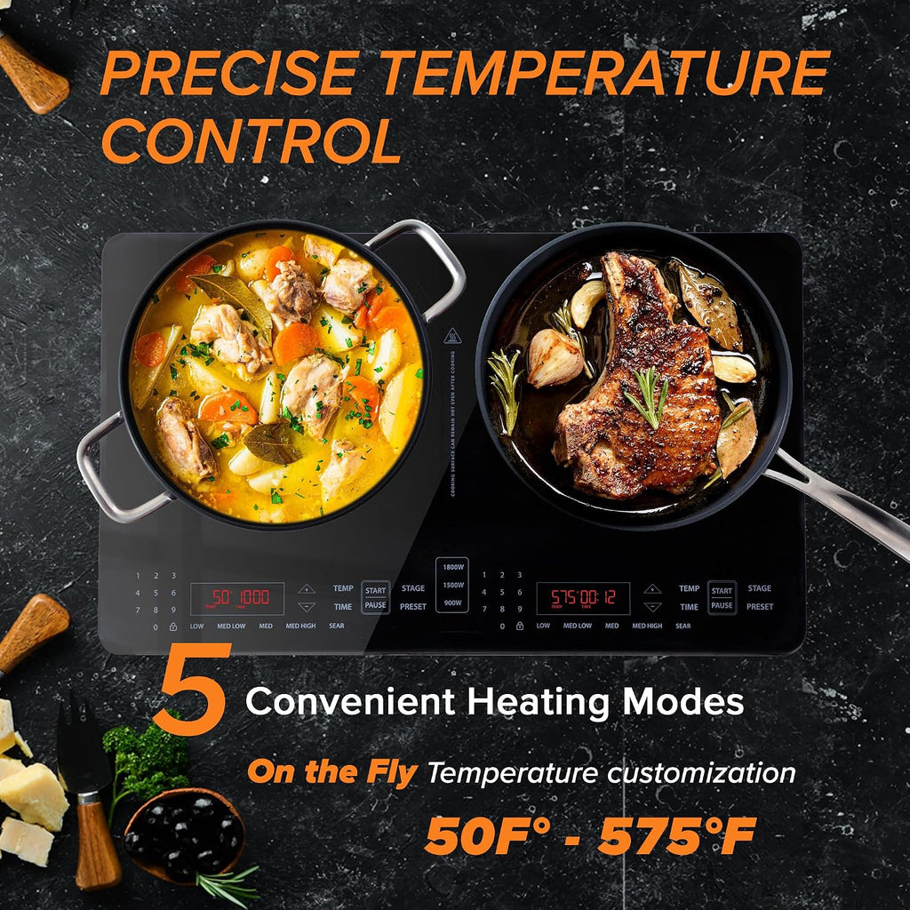 Nuwave Double Pro Cooktop Induction Countertop Burner, Portable, 900/1500/1800W with Dynamic Watt Technology, 50°F to 575°F, 8' Heating Coil, Shatter-Proof Ceramic Glass, Seamless IMD Touch Panel