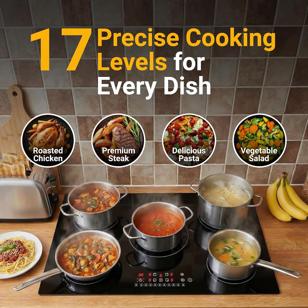 K&H 5 Burner Induction Cooktop - 36 Inch Built-In Electric Cermic Stove Top - 17 Heating Levels, 240V, 9200W High-Power Built-in Electric Stove Top - Child Lock, Timer & Touch Control - IN36-9205