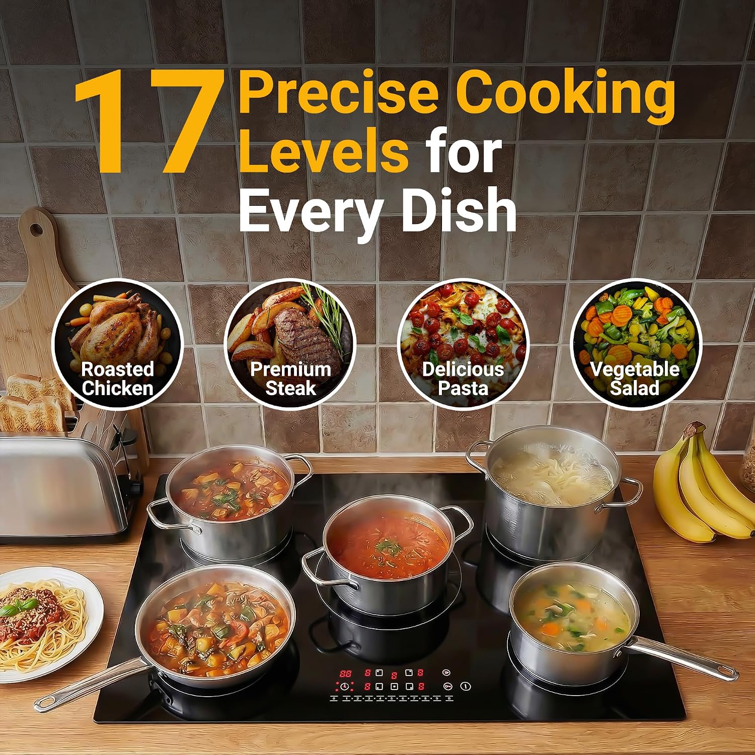 K&H 5 Burner Induction Cooktop - 36 Inch Built-In Electric Cermic Stove Top - 17 Heating Levels, 240V, 9200W High-Power Built-in Electric Stove Top - Child Lock, Timer & Touch Control - IN36-9205