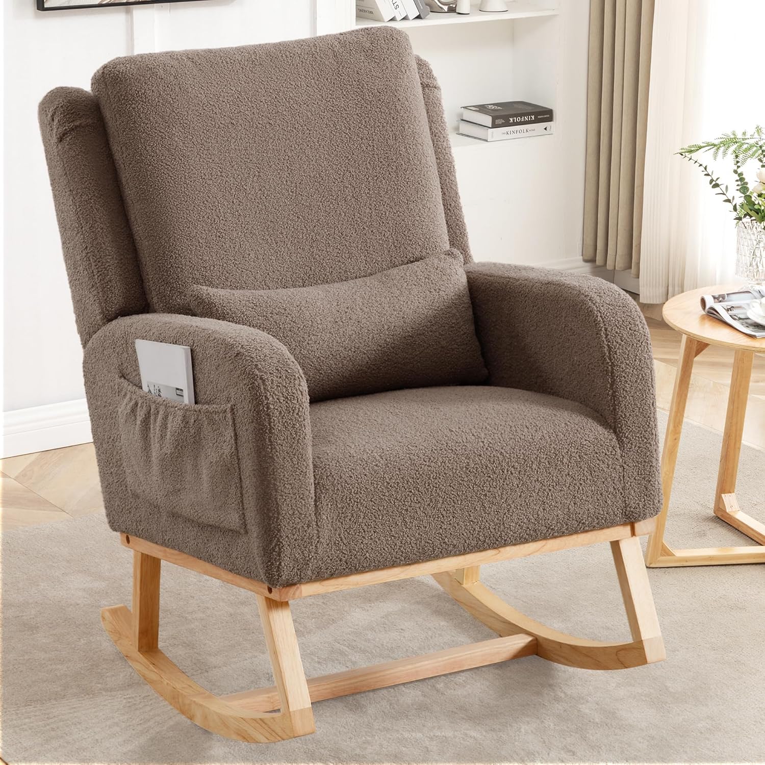 HCHAIRH Rocking Chair Nursery, Teddy Nursing Rocking Chairs, Upholstered Nursery Glider Rocker Wingback Morden Rocking Chair with Lumbar Pillow for Mom Nursery, Living Room, Bedroom, Coffee