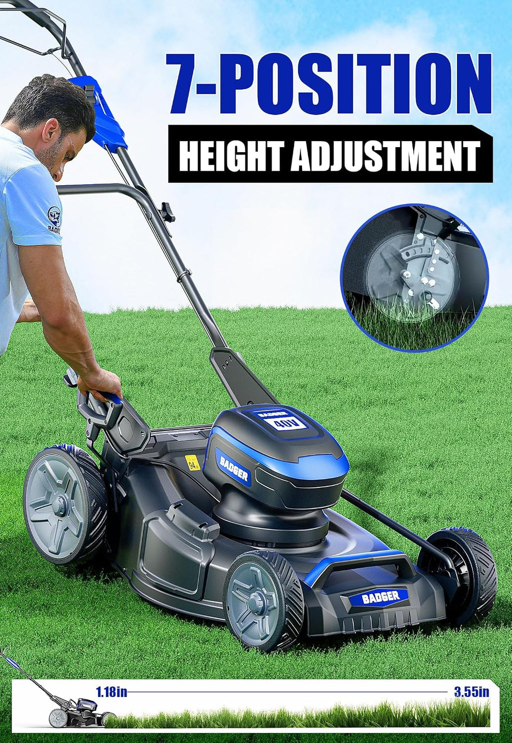 Wild Badger Power 40V 21″ Cordless Lawn Mower Brushless, 6,534 sq ft/0.15 ac, 2×4.0Ah Batteries & Fast Charger, 7-Position Heights,for Medium-to-Large Lawns