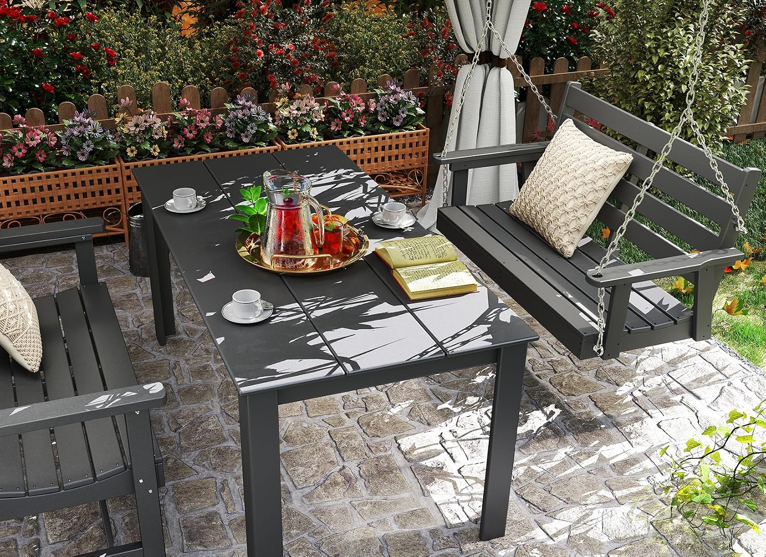 GREENVINES Porch Swing | 51'' | HDPE Plastic | for Outdoor Patio | All Weather | Waterproof Bench Swings | w/ 4 Stainless Steel Chains | Grey