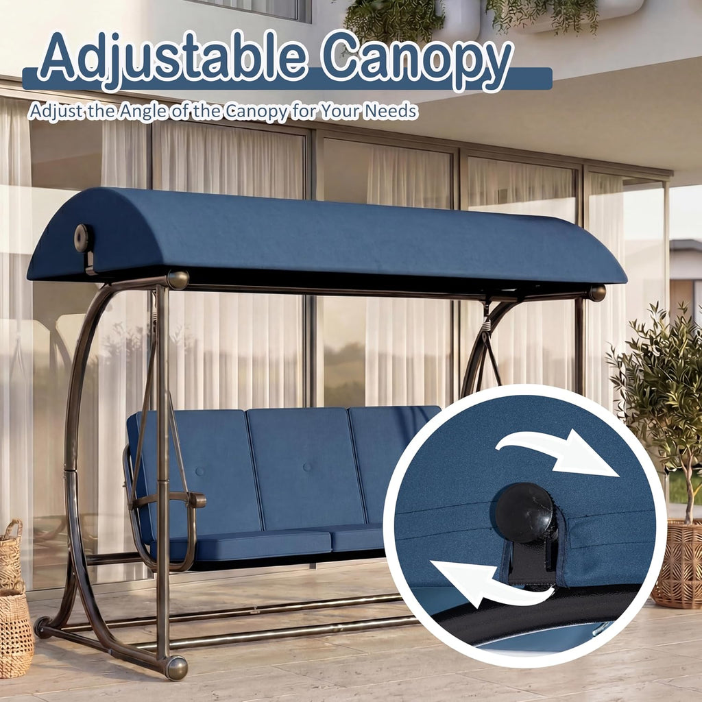 Outdoor Patio Swing Bed with Canopy, 3 Seat Porch Swing Chair for Adults, Heavy Duty Frame, Thick Cushions, Adjustable Backrest for Backyard Balcony Garden, Blue