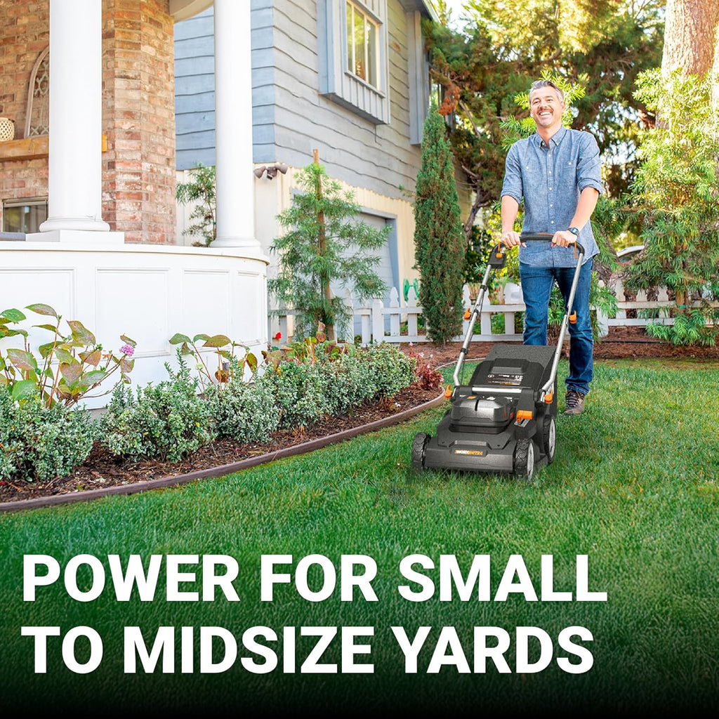 WORX 17'' Cordless Lawn Mower, 2 in 1 Electric Mower Cuts to Edge, Compact & Lightweight Push Lawn Mower with 6-Position Height Adjustment for Medium Size Yards, 2 Batteries & Charger Included, WG745