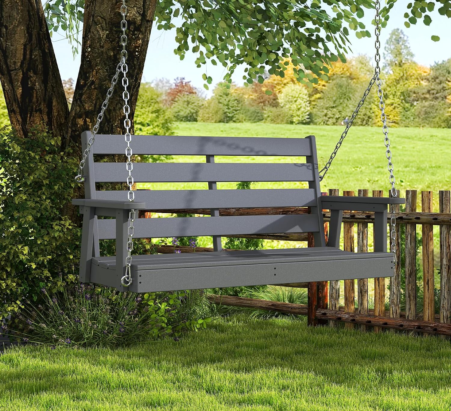 GREENVINES Porch Swing | 51'' | HDPE Plastic | for Outdoor Patio | All Weather | Waterproof Bench Swings | w/ 4 Stainless Steel Chains | Grey