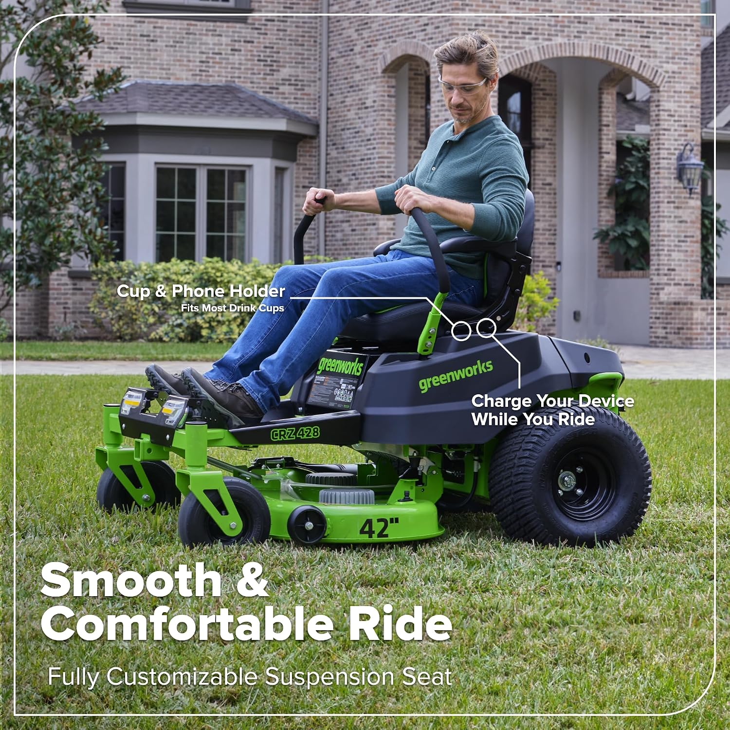 Greenworks 80V 42' CrossoverZ Zero Turn Riding Lawn Mower, (6) 6.0Ah Batteries and 600W Charger