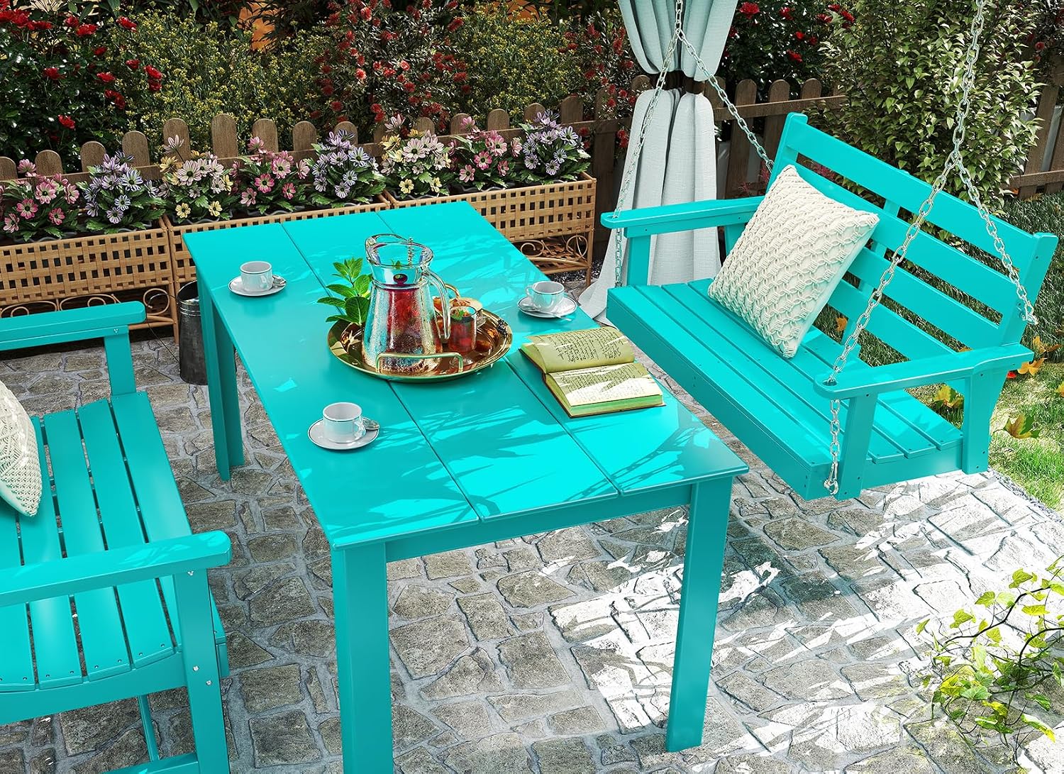 GREENVINES Porch Swing | 51'' | HDPE Plastic | for Outdoor Patio | All Weather | Waterproof Bench Swings | w/ 4 Stainless Steel Chains | Aqua