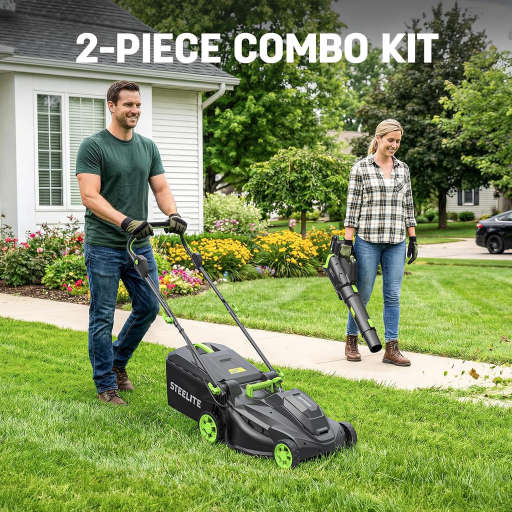 STEELITE 40V (2x20V) 17' Cordless Lawn Mower & 500 CFM Electric Leaf Blower Combo Kit with 2x4.0Ah Batteries & Dual Chargers