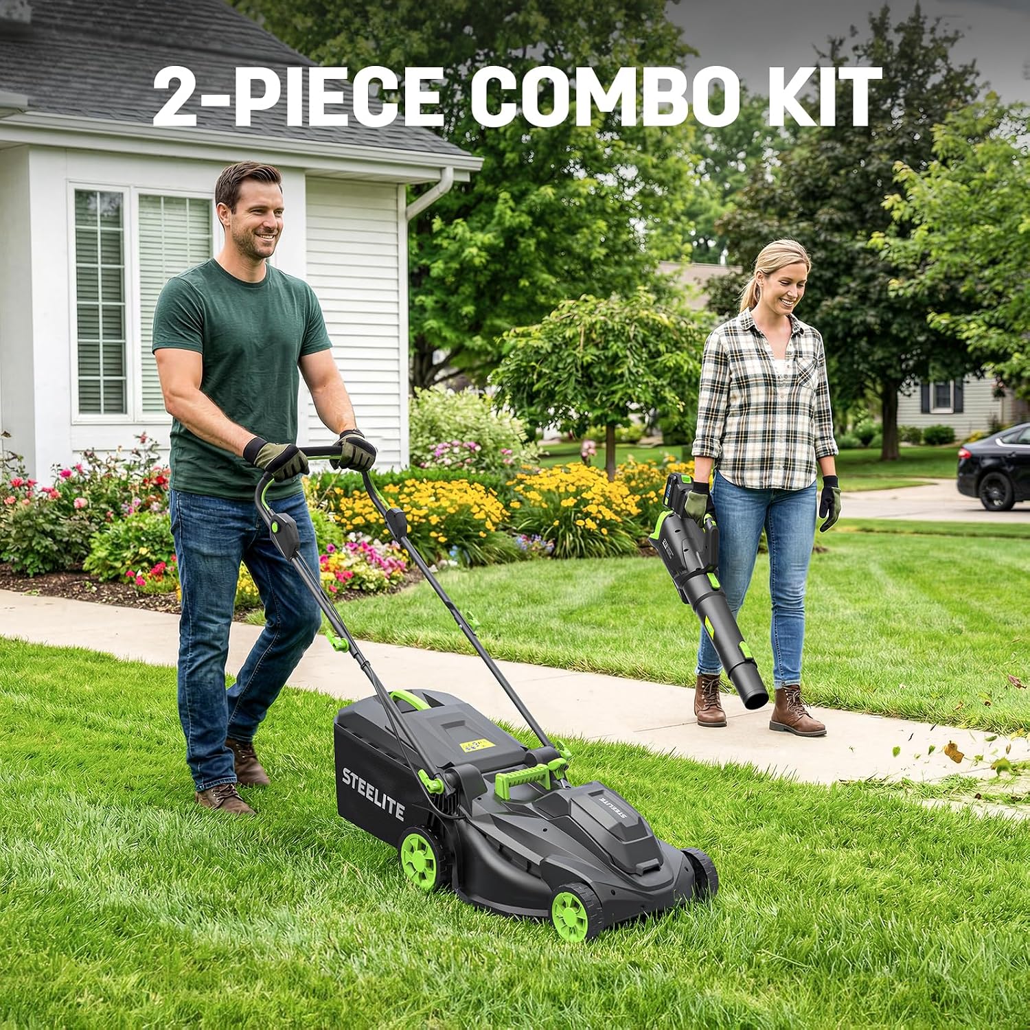 STEELITE 40V (2x20V) 17' Cordless Lawn Mower & 500 CFM Electric Leaf Blower Combo Kit with 2x4.0Ah Batteries & Dual Chargers
