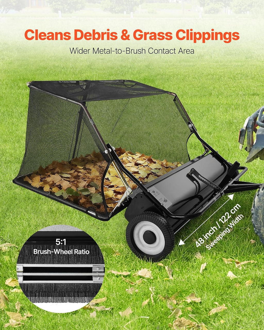 VEVOR Tow Behind Lawn Sweeper, 48 in Pull Behind Yard Sweeper, 26 cu. ft Hopper Bag Capacity, Leaf & Grass Collector with Dumping Rope, Adjustable Sweeping Height, Garden Sweepers for Lawn Farm