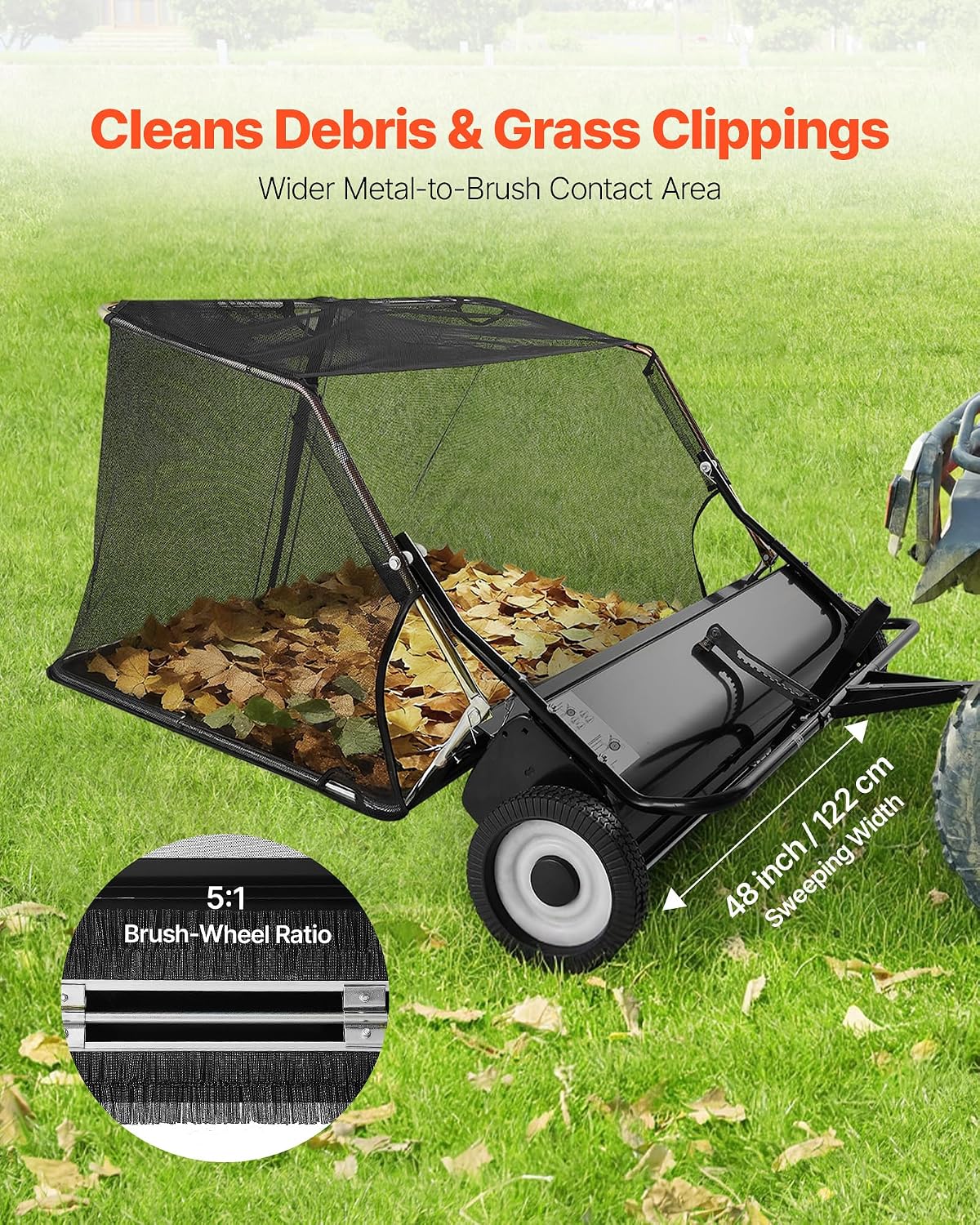 VEVOR Tow Behind Lawn Sweeper, 48 in Pull Behind Yard Sweeper, 26 cu. ft Hopper Bag Capacity, Leaf & Grass Collector with Dumping Rope, Adjustable Sweeping Height, Garden Sweepers for Lawn Farm