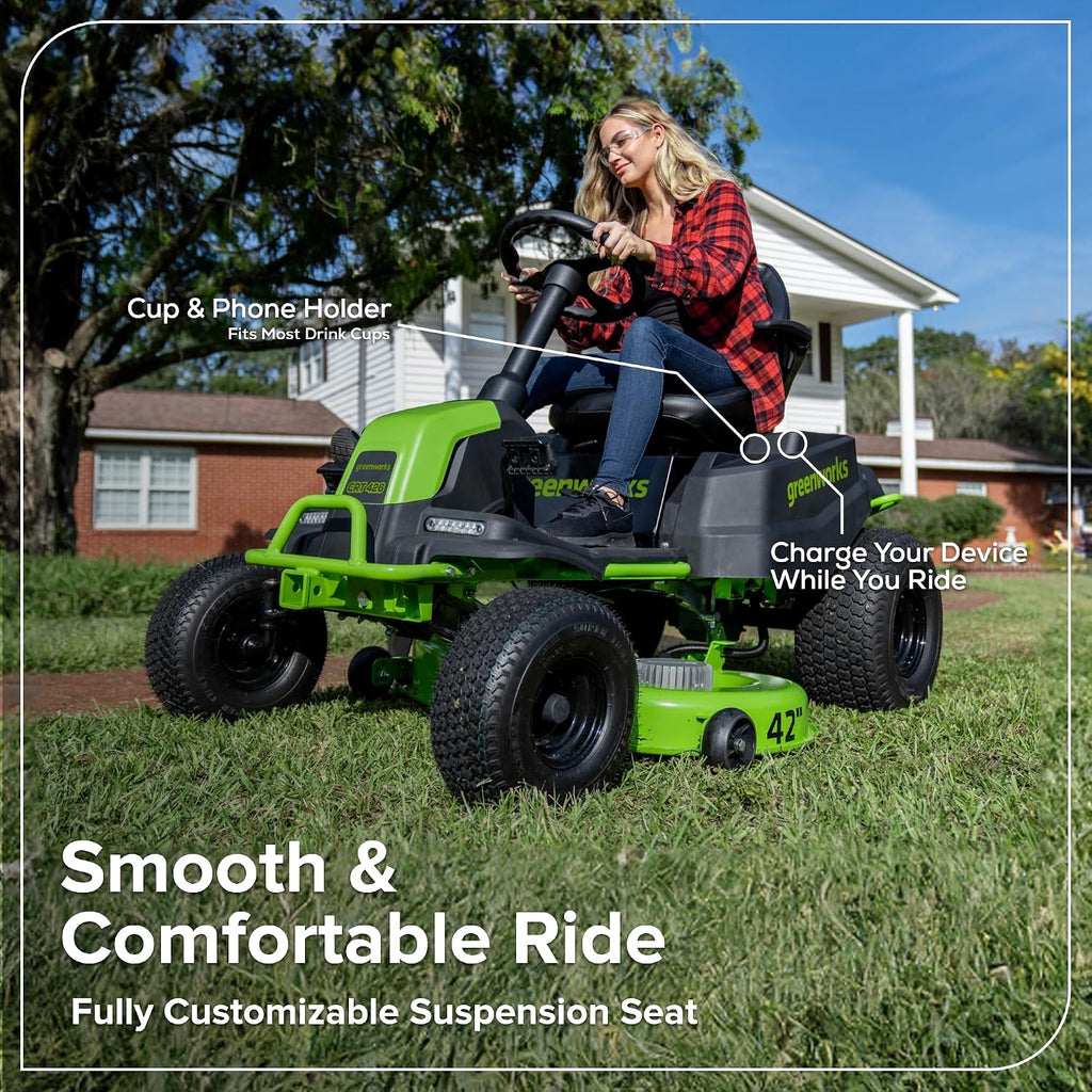 Greenworks 80V 42' CrossoverT Cordless Riding Lawn Tractor, (4) 6.0Ah Batteries and 600W Charger