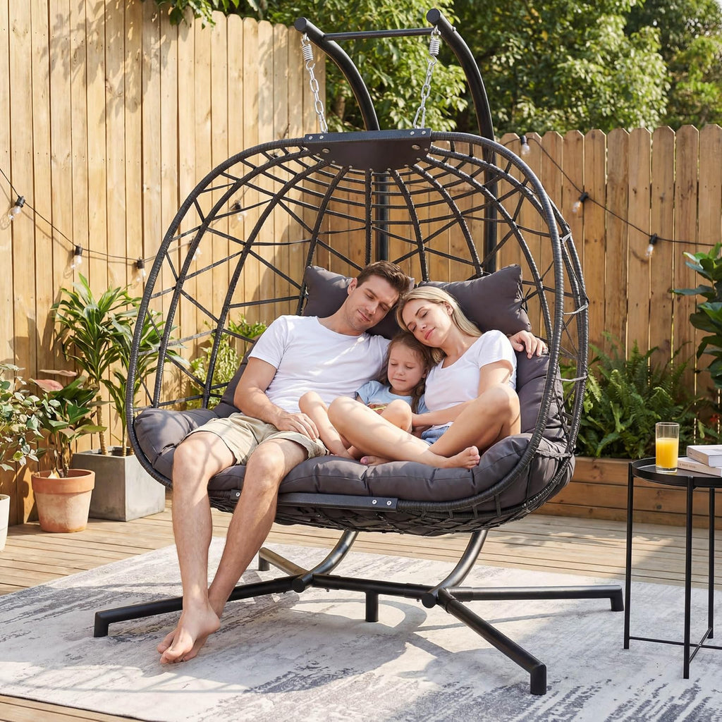 RADIATA 2 Person Hanging Egg Chair with Stand, Extra Large Cozy Outdoor Double Swing Chairs, Oversized Hammock Chair, Indoor Patio Wicker Loveseat with Cushion for Backyard Balcony, Dark Gray