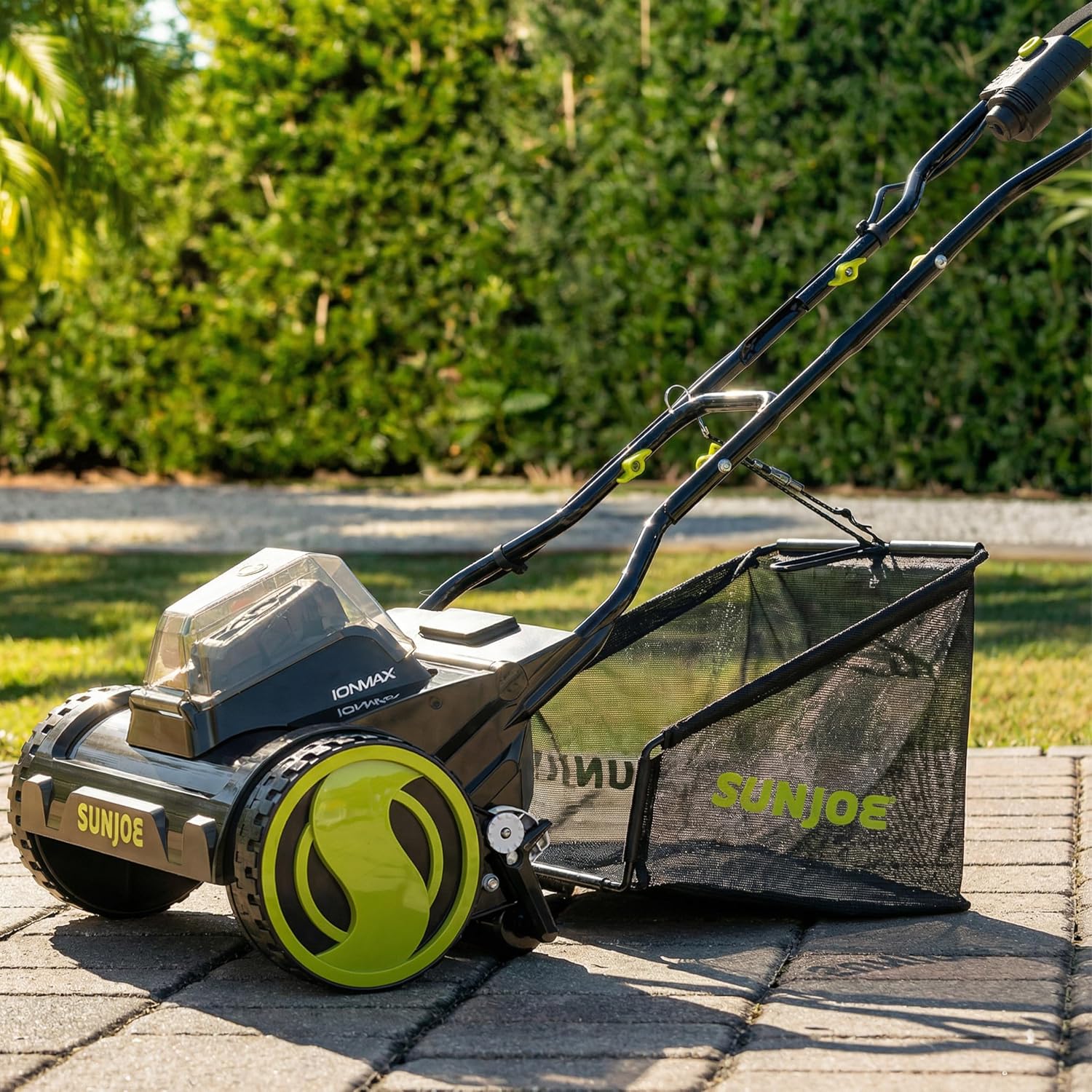 Sun Joe Cordless Electric Push Lawn Mower with 11.9-Gal Bag, 15-Inch Cutting Width, 360W Motor - Heavy-Duty Yard Trimmer for Gardening Care and Maintenance, IONMAX 24V-CRLM15