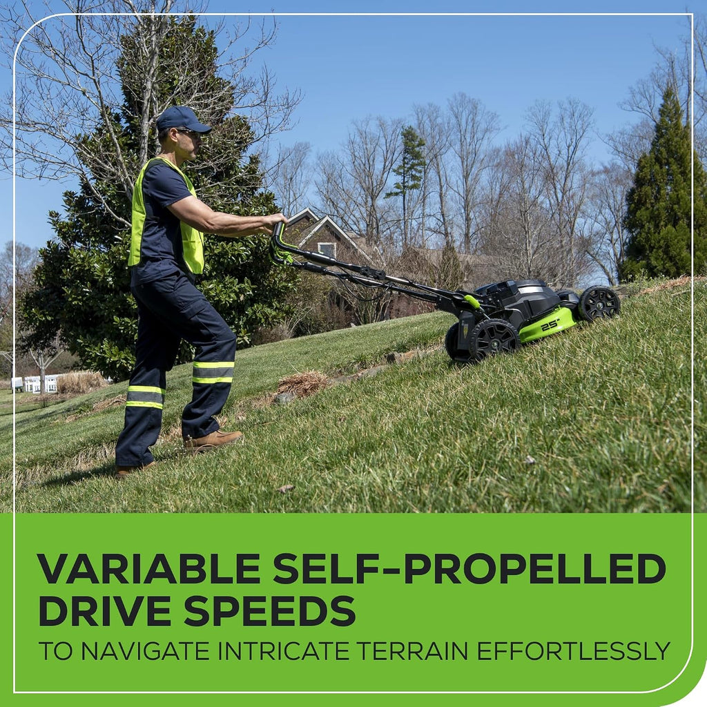 Greenworks 82V 25' Brushless (Self-Propelled) Cordless Lawn Mower, (2) 4.0Ah Batteries and Dual Port Rapid Charger (Great for Landscapers and Professionals)