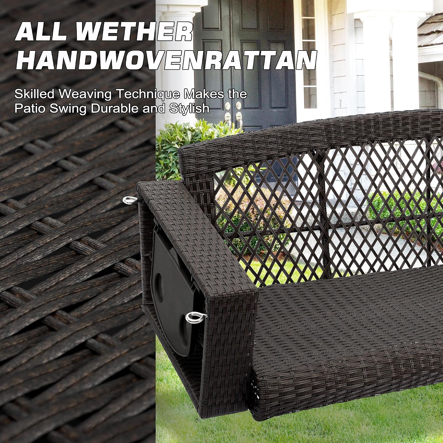 Grepatio 3 Person Porch Swing Patio Wicker Hanging Porch Swing Chair Outdoor Rattan Swing Bench with Cushion and Pillow for Garden, Yard, Lawn (Brown Rattan Black Cushion)