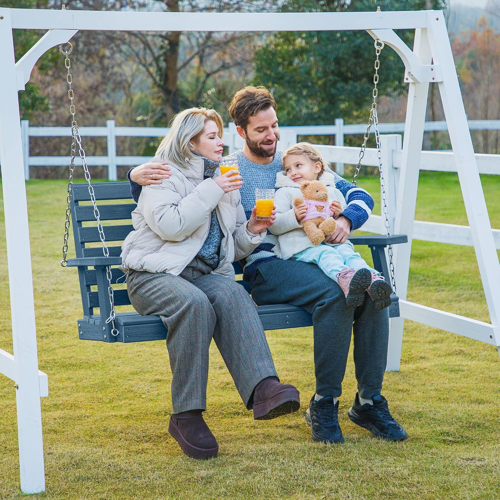 KINGYES Outdoor Hanging Porch Swing, 2 Seat Patio Swing Chair with Cup Holders, Waterproof Swing Chair Bench for Courtyard & Garden, 660LBS Weight Capacity, Blue