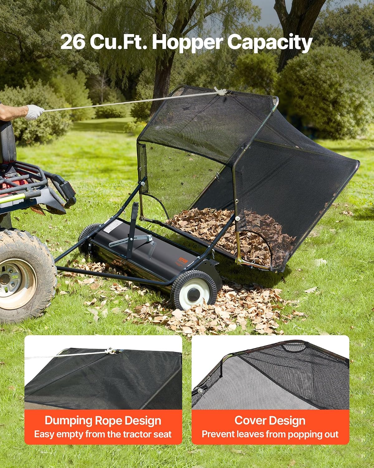 VEVOR 52 in Tow Behind Lawn Sweeper, 26 cu.ft. Large Yard Sweeper, Adjustable Sweeping Height, Heavy Duty Leaf & Grass Collector with Dumping Rope, Pull Behind Sweepers for Debris Grass Clippings