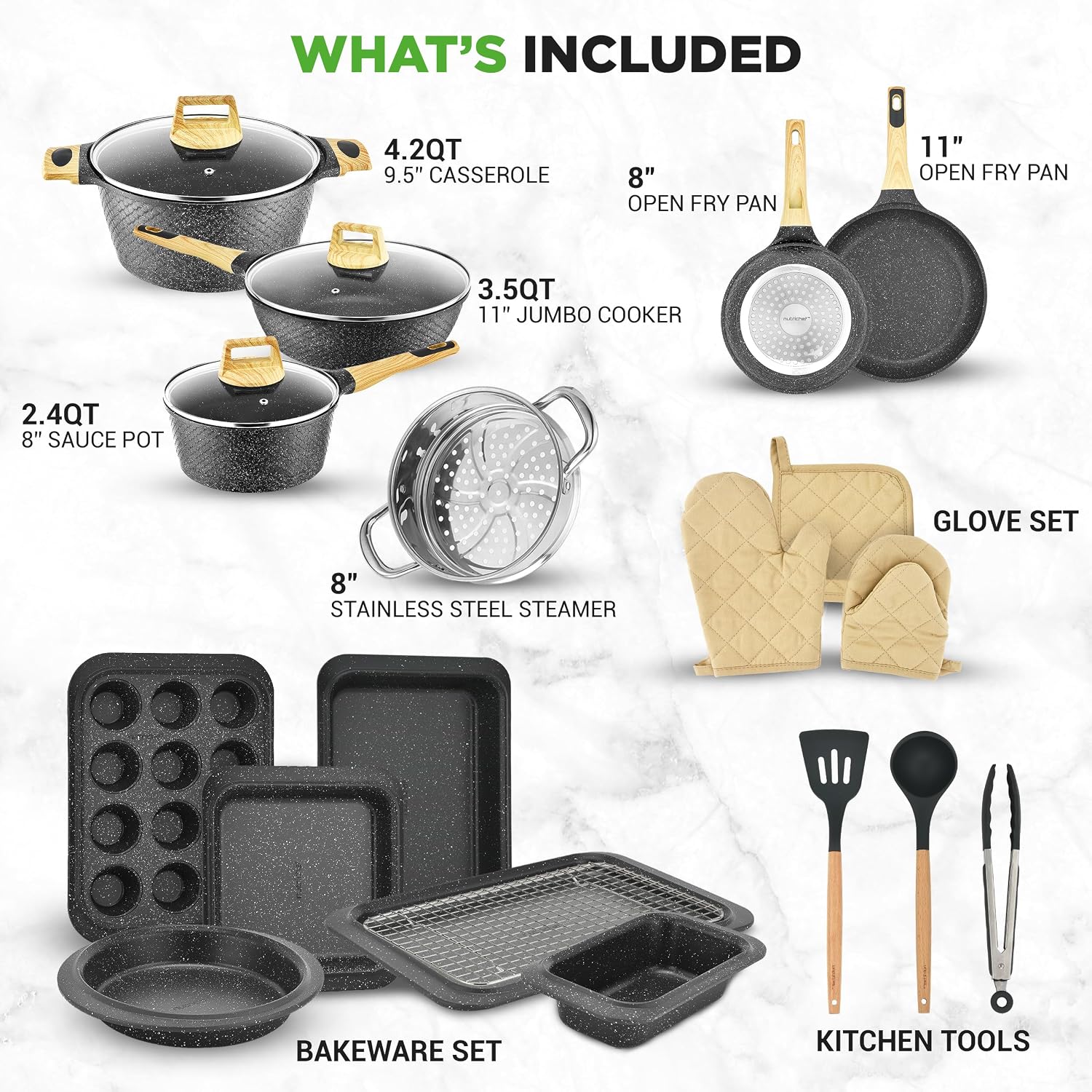 NutriChef 22‑Piece Non‑Stick Ceramic Pots and Pans Set – For All Cooktops Including Induction – PTFE & PFAS Free, Includes Bakeware & Utensils