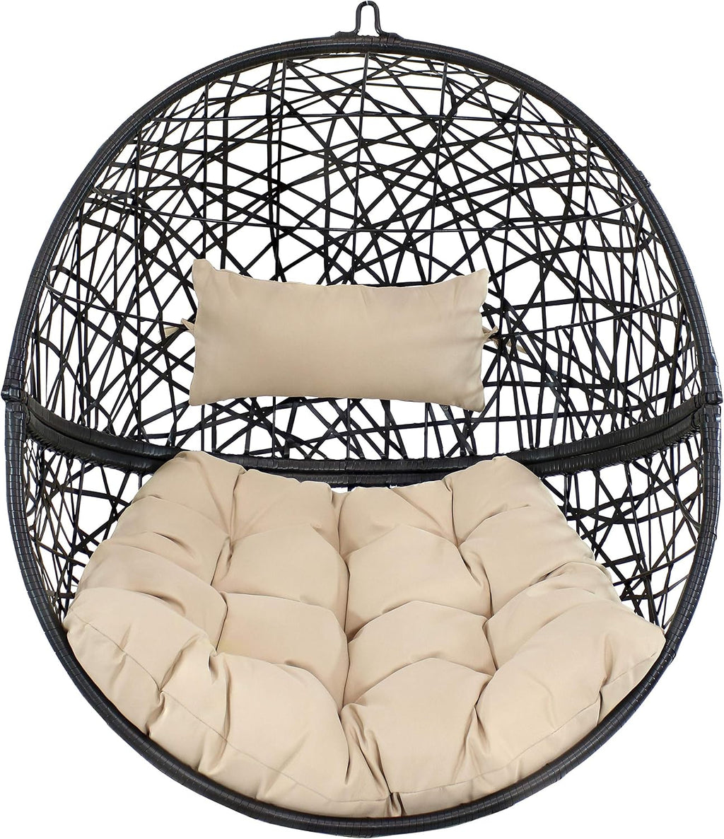 Sunnydaze Jackson Resin Wicker Hanging Egg Chair - 265-Pound Weight Capacity - Removable Cream Polyester Cushions