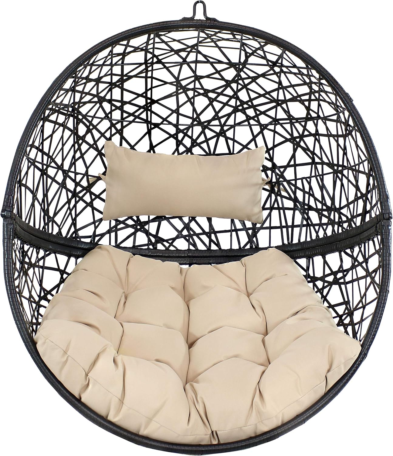 Sunnydaze Jackson Resin Wicker Hanging Egg Chair - 265-Pound Weight Capacity - Removable Cream Polyester Cushions