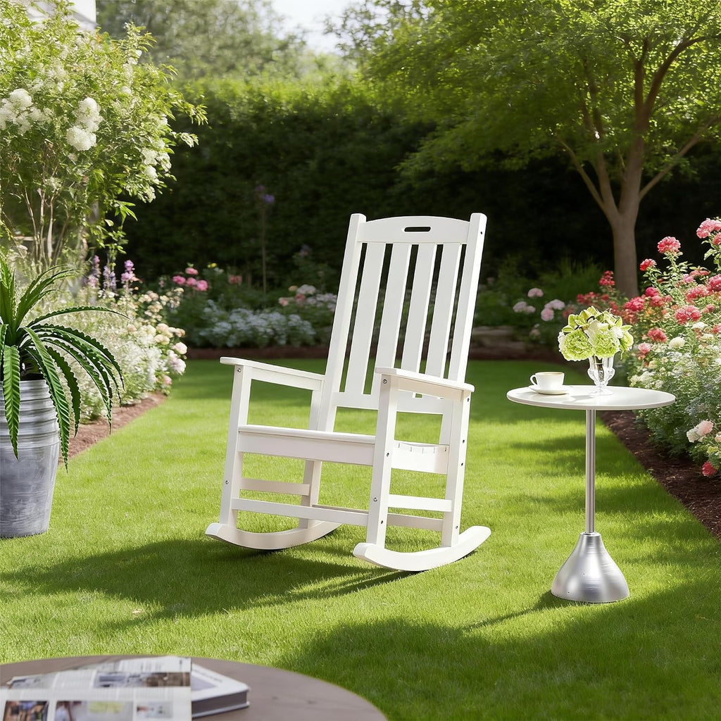 Psilvam Oversized Outdoor Rocking Chair, with 21' Wide Seat and 32' Tall Backrest, Pre-Assembled with Most Components for Effortless Installation (White)