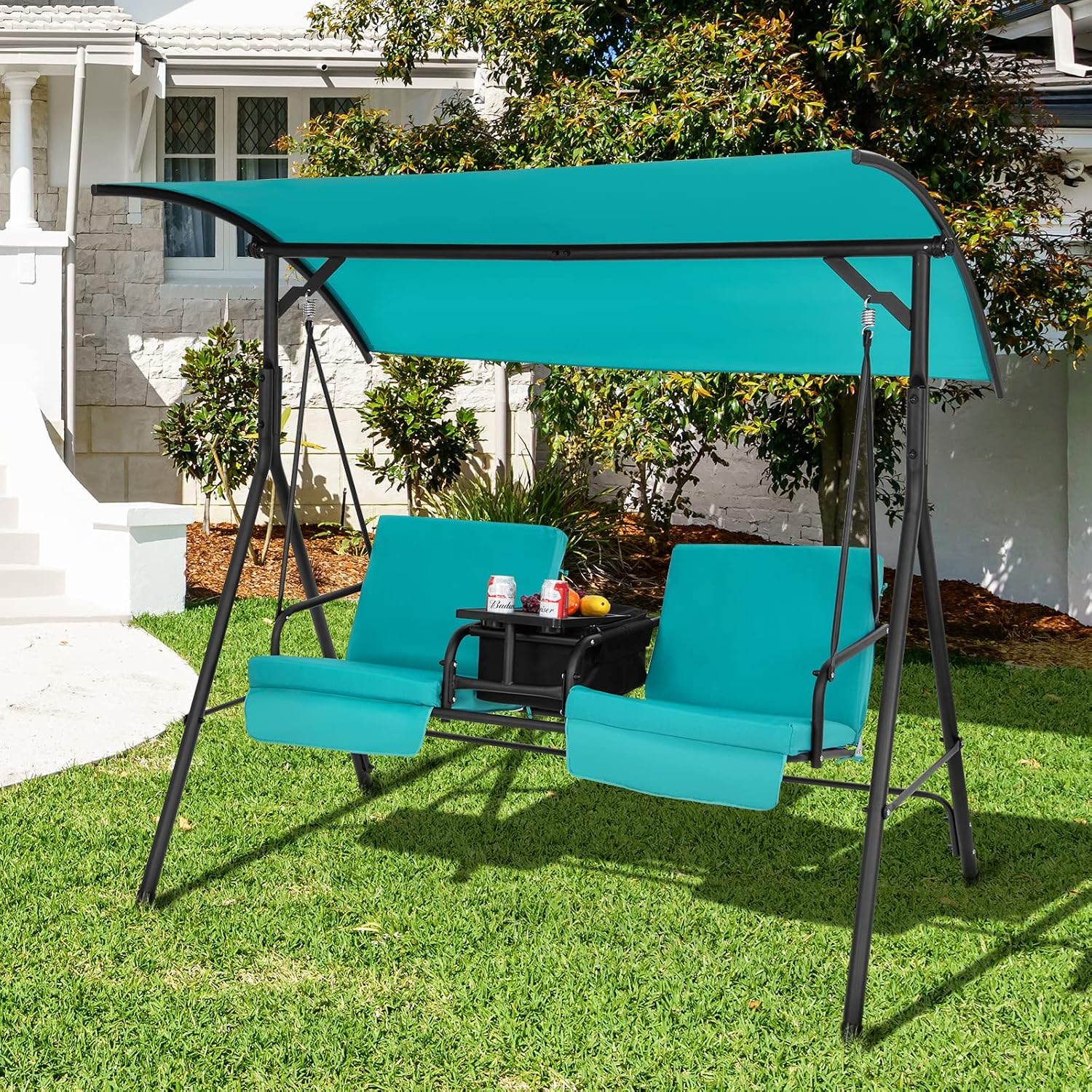 Tangkula 2 Person Porch Swing, Pivot Storage Table, Cooler Bag, 2 Cup Holders, Removable Cushions, Outdoor Patio Swing with Canopy for Backyard Balcony Poolside (Turquoise)