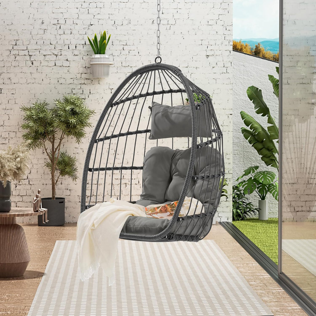 KEIKI Hanging Egg Chair, Outdoor Patio Swing Basket Egg Chair with Cushion, 360LBS Load Rattan Wicker Hammock Chair for Balcony, Garden, Living Room, Dark Grey