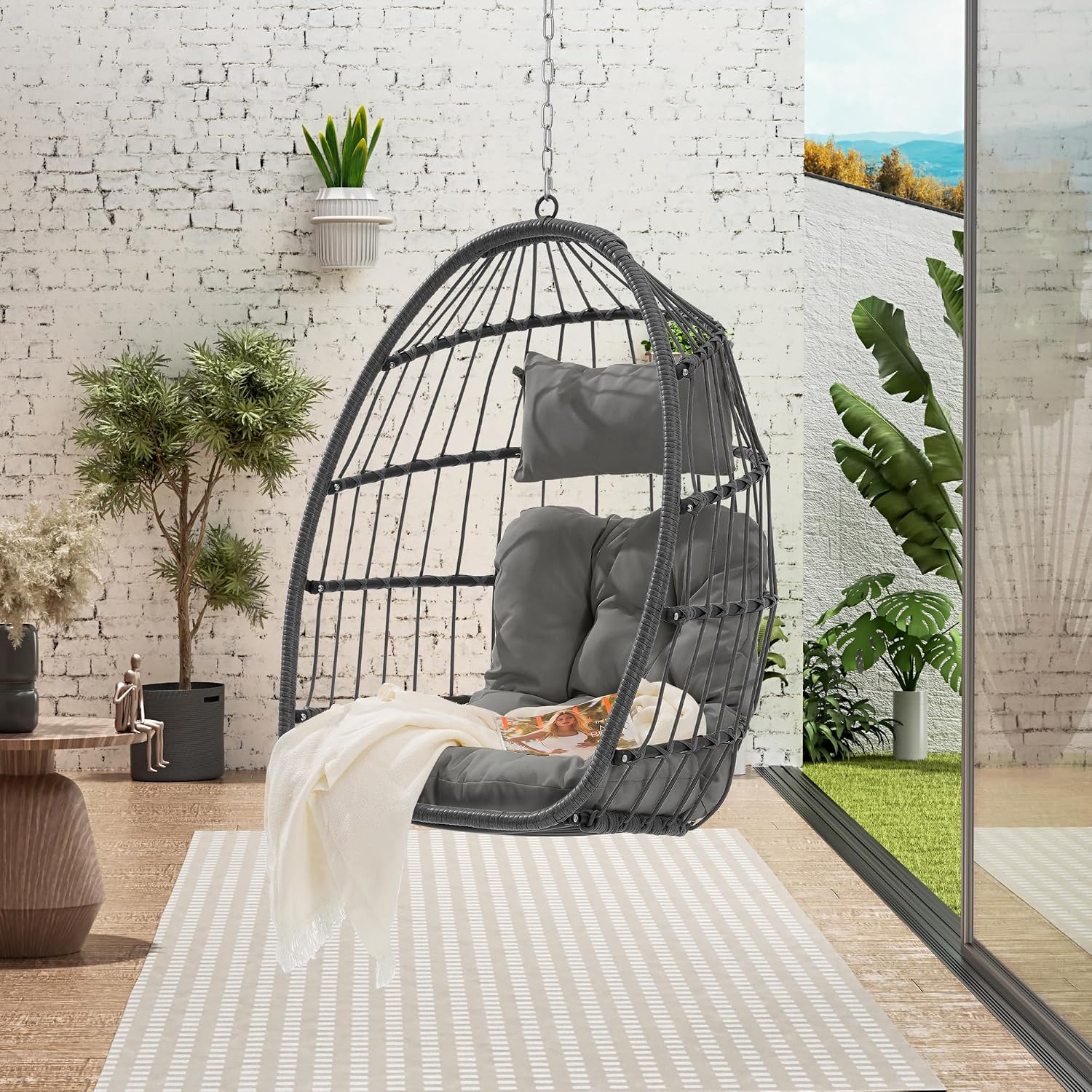 KEIKI Hanging Egg Chair, Outdoor Patio Swing Basket Egg Chair with Cushion, 360LBS Load Rattan Wicker Hammock Chair for Balcony, Garden, Living Room, Dark Grey