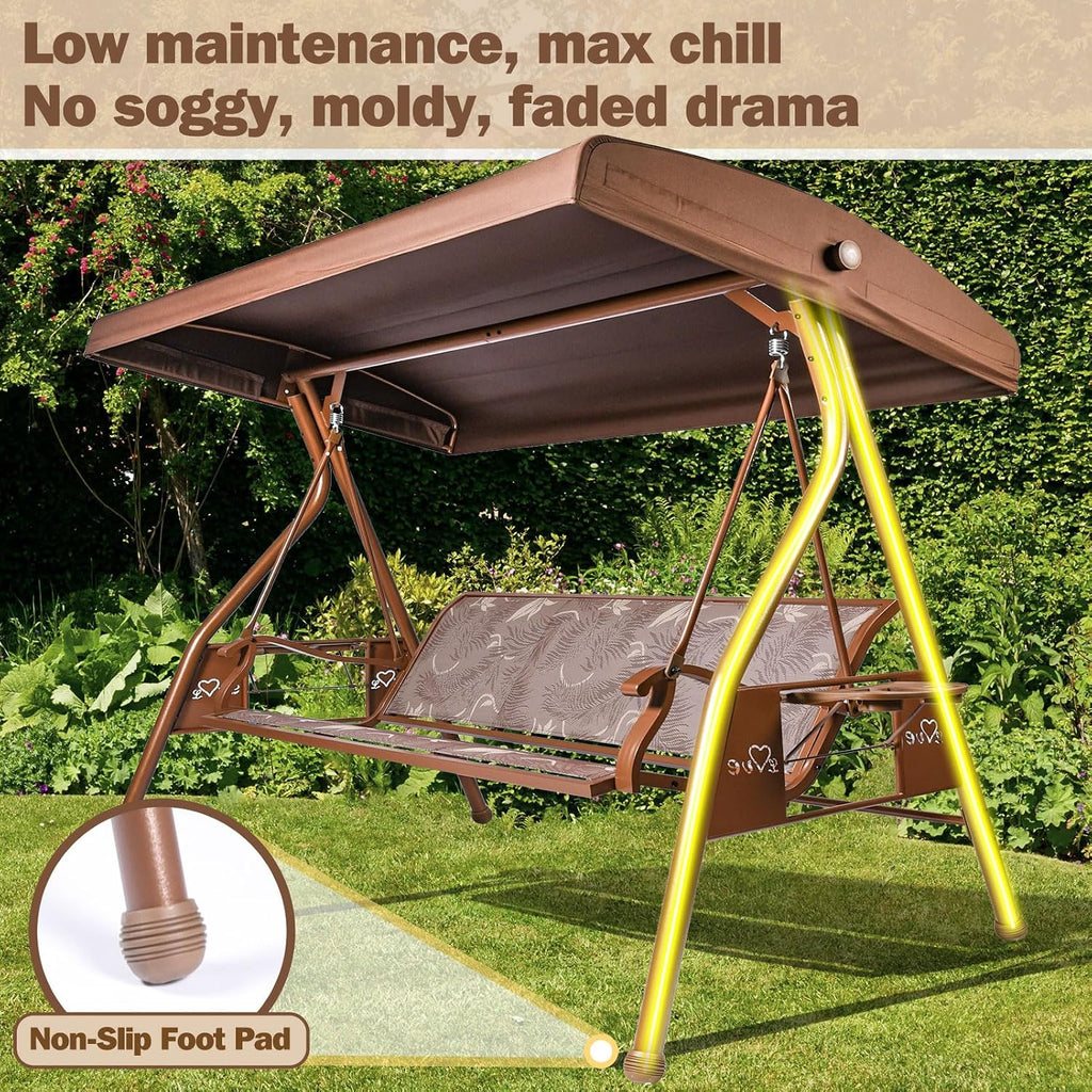 ZZW 3 Person Patio Swing Outdoor Swing for Adults with Adjustable Canopy &Upgraded Cup Holders Textilene Fabric Porch Swing Chair with Stand Heavy Duty 800 LBS