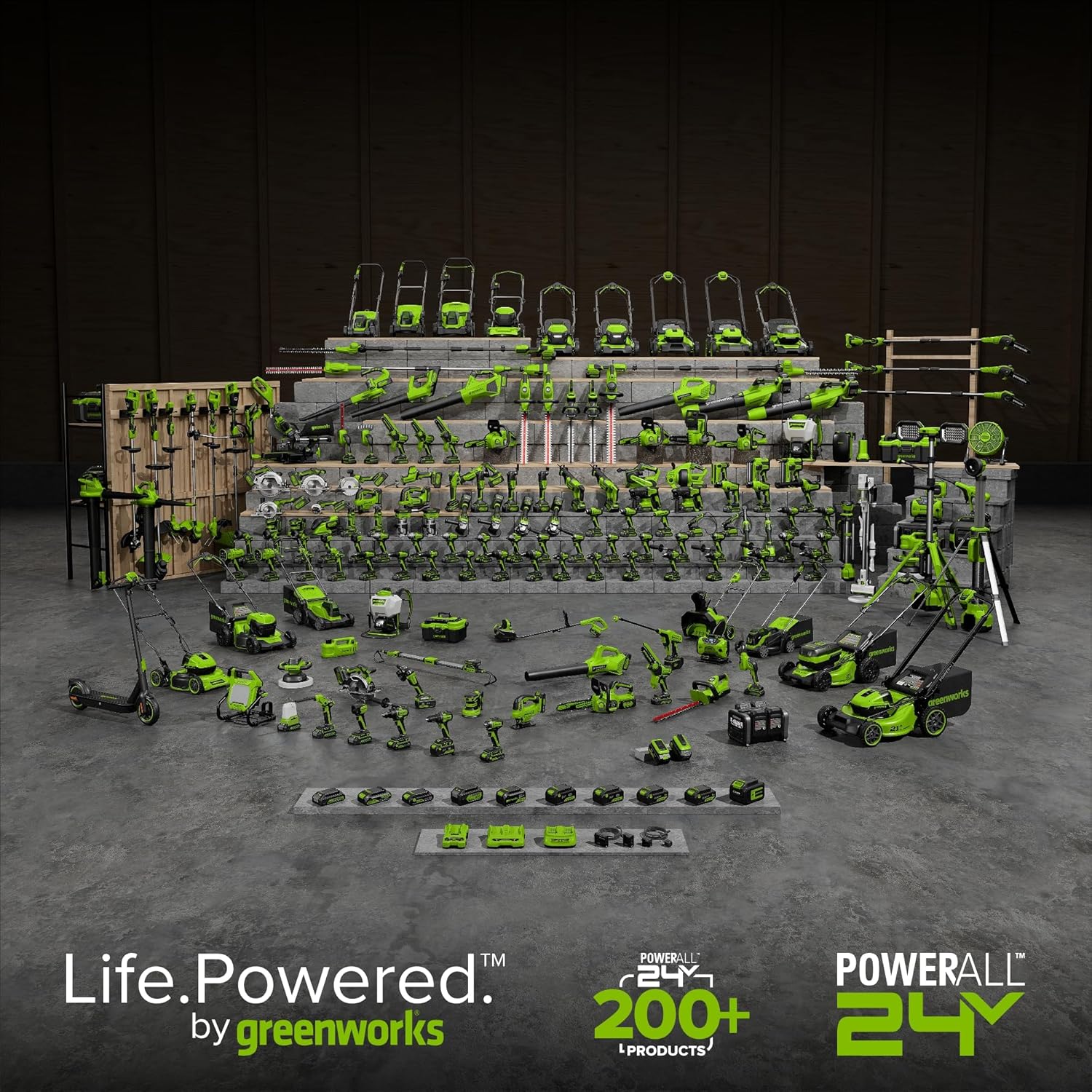 Greenworks 48V (24V x 2) 5-Piece Garden Tool Set: 20' Push Mower, 12' String Trimmer, 320CFM Leaf Blower, 12' Chainsaw, 22' Hedge Trimmer - 3 Batteries, 2 Chargers, 3-Year Warranty