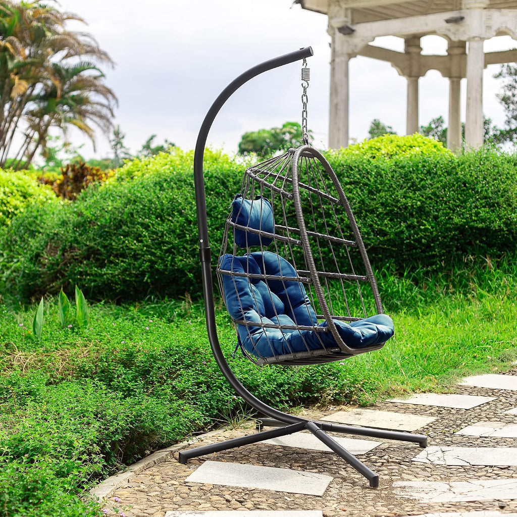 Indoor Outdoor Patio Wicker Hanging Chair Swing Chair Patio Egg Chair UV Resistant Cushion Aluminum Frame (Teal Blue)