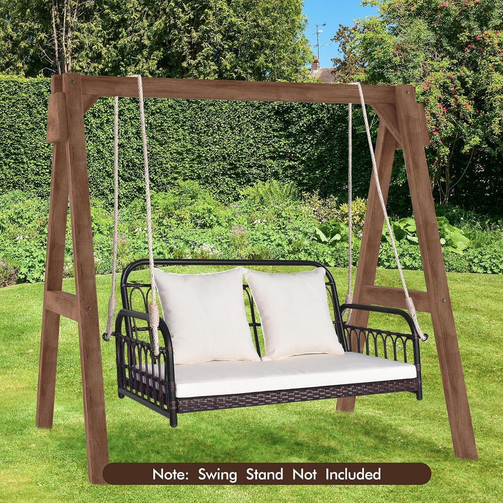 HAPPYGRILL Wicker Porch Swing, 2-Person Outdoor Patio Hanging Chair with Cushions, Metal Frame, Hanging Swing Bench with Ropes for Garden Backyard, 880 LBS Weight Capacity