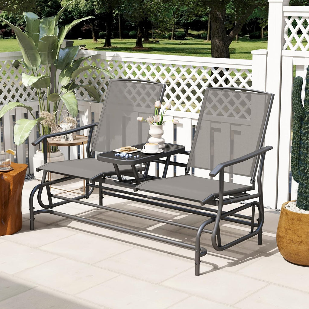 Tangkula 2 Person Swing Glider Chair, Patio Rocking Loveseat w/Center Tempered Glass Table, Outdoor Swing Bench w/Steel Frame & Breathable Mesh Fabric for Porch, Balcony, Poolside (Black)