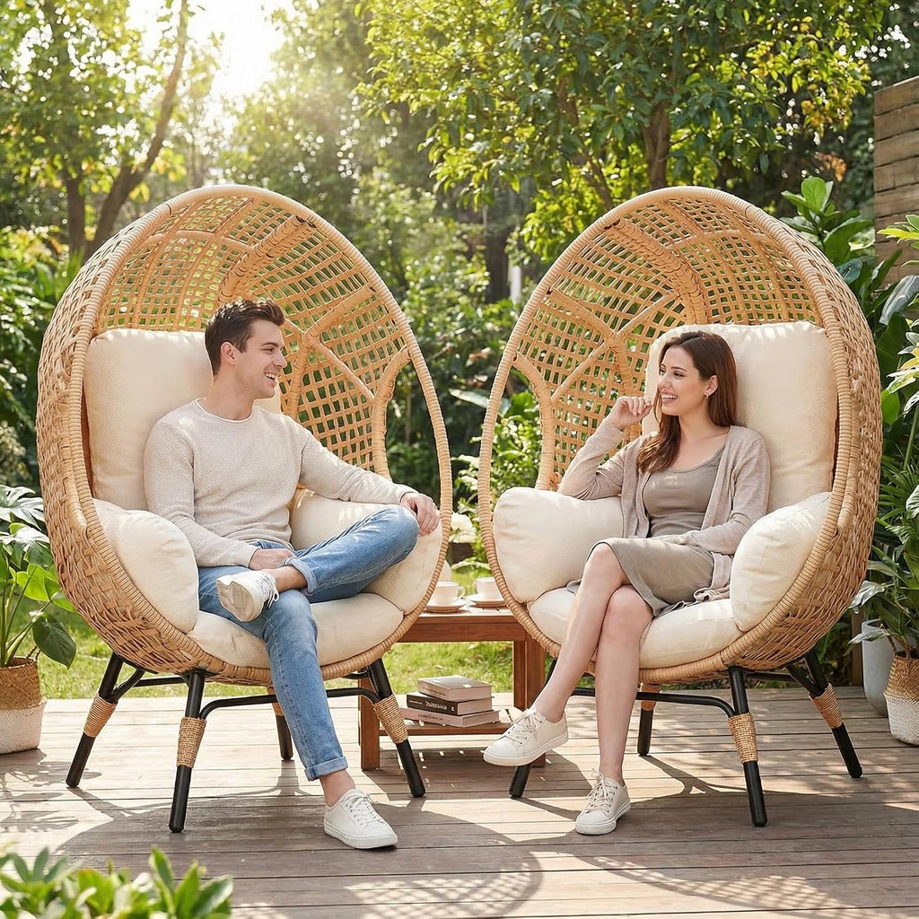 2 pcs Oversized Wicker Egg Chair Outdoor Indoor - Rattan Patio Egg Lounge Chairs with Cushion 500lbs Capacity for Living Room, Balcony, Backyard