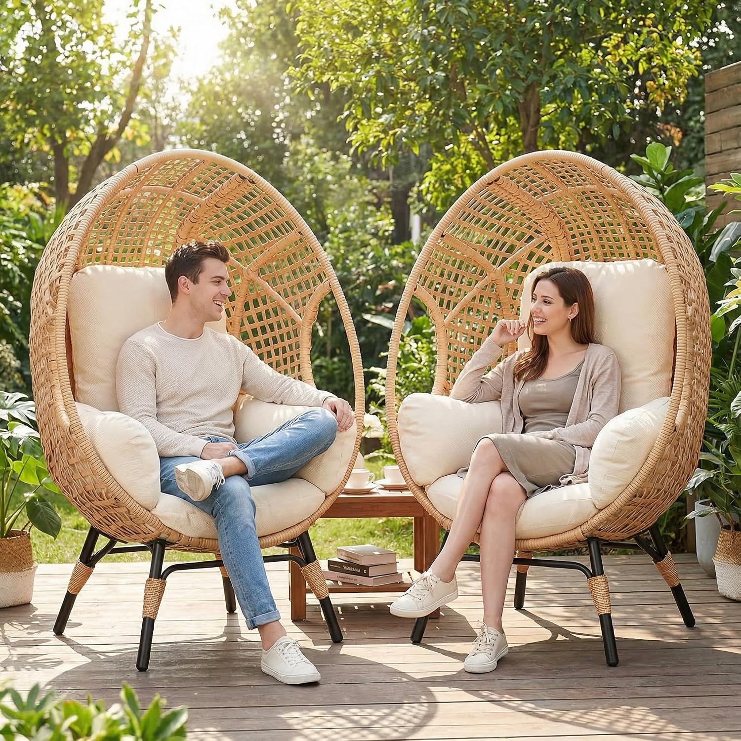 2 pcs Oversized Wicker Egg Chair Outdoor Indoor - Rattan Patio Egg Lounge Chairs with Cushion 500lbs Capacity for Living Room, Balcony, Backyard