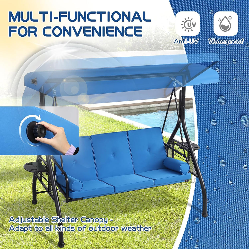 3 Seat Outdoor Porch Swings with Adjustable Canopy - Patio Porch Swing Glider Bench with Stand, Heavy Duty Swing Bed W/Cushions Pillows and Cup Holder for Backyard Garden Lawn Poolside (Blue)