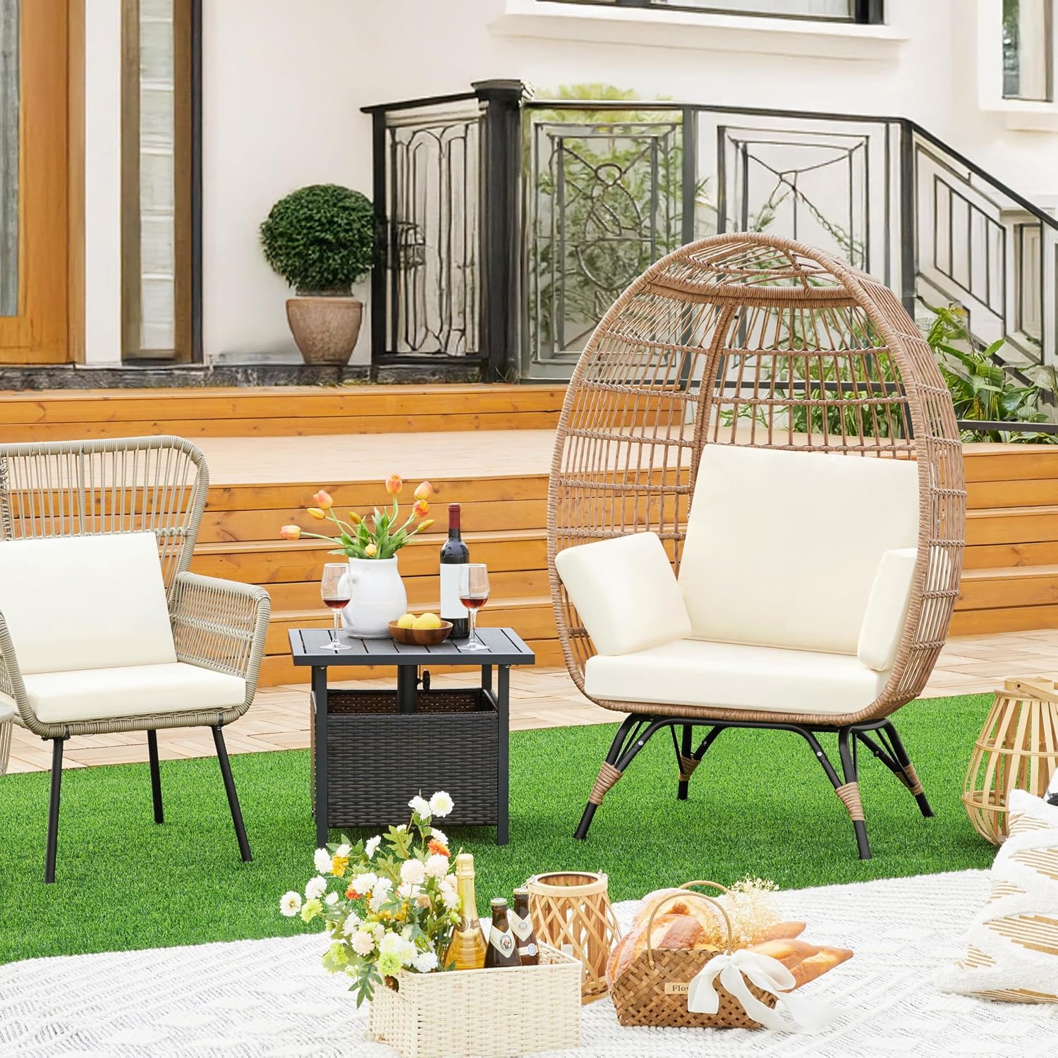 Yaheetech Egg Rattan Chair, Oversized Indoor/Outdoor Egg-Shaped PE Basket Lounger with 4 Cushions, Metal Frame Stand for Patio, Balcony, Backyard, Living Room, Light Brown/Ivory