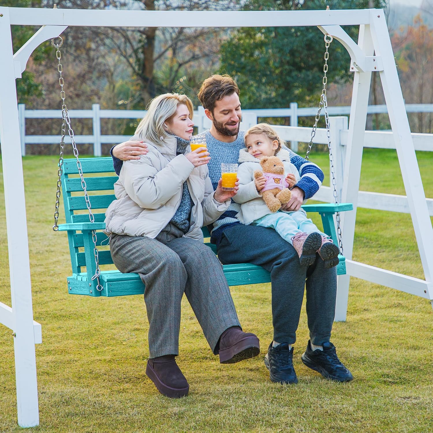 KINGYES Outdoor Hanging Porch Swing, 2 Seat Patio Swing Chair with Cup Holders, Waterproof Swing Chair Bench for Courtyard & Garden, 660LBS Weight Capacity, Aruba Blue