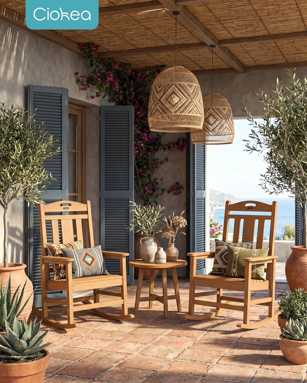 Ciokea Oversized Outdoor Rocking Chairs Set of 8, 380lbs Heavy-Duty Large Patio Rocker, High Back Cozy Porch Chairs, Weather Resistant Patio Rocking Chairs for Outside, Fire Pit, Deck, Teak