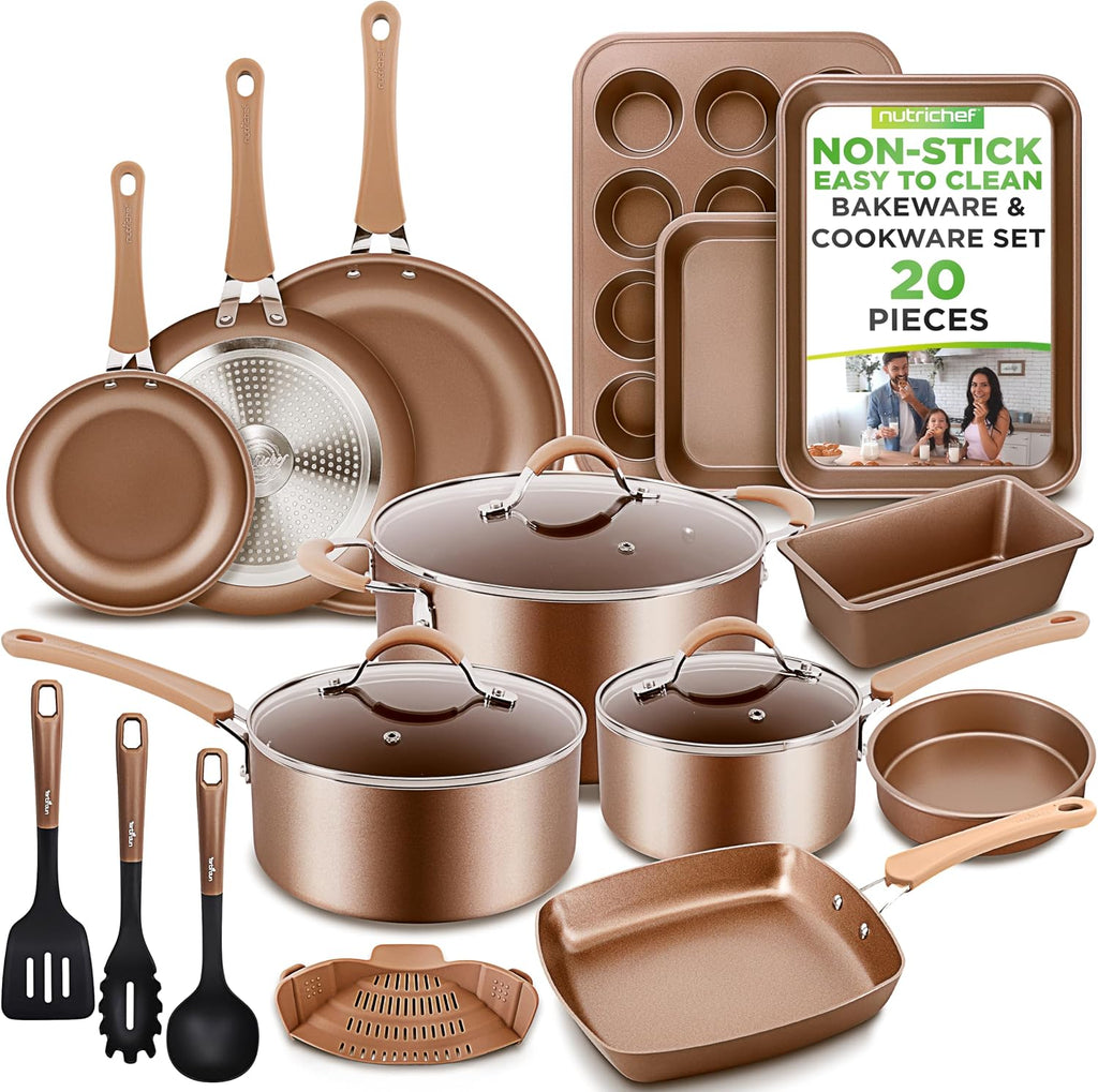 NutriChef 20-Piece Pots and Pans Set Non Stick – Induction Cookware Set, PFAS-Free Nonstick Cookware for All Cooktops, Includes Bakeware & Kitchen Utensils