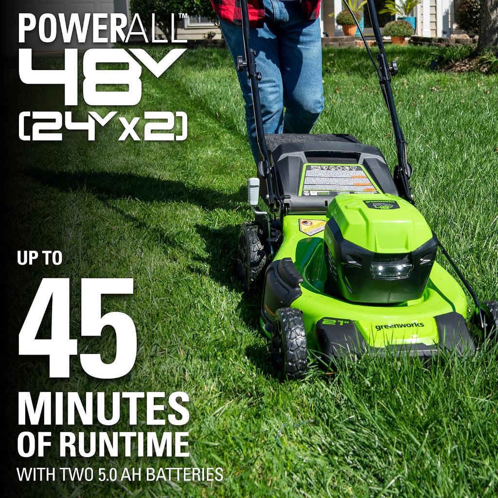 Greenworks 48V (24V x 2) 21' Brushless Cordless (Self-Propelled) Lawn Mower (LED Headlight), (2) 5.0Ah Batteries and Dual Port Rapid Charger Included (200+ Compatible Tools)