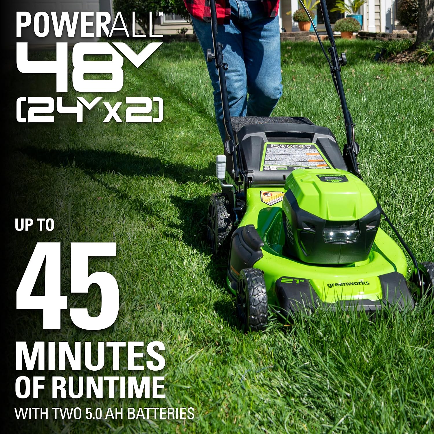 Greenworks 48V (24V x 2) 21' Brushless Cordless (Self-Propelled) Lawn Mower (LED Headlight), (2) 5.0Ah Batteries and Dual Port Rapid Charger Included (200+ Compatible Tools)