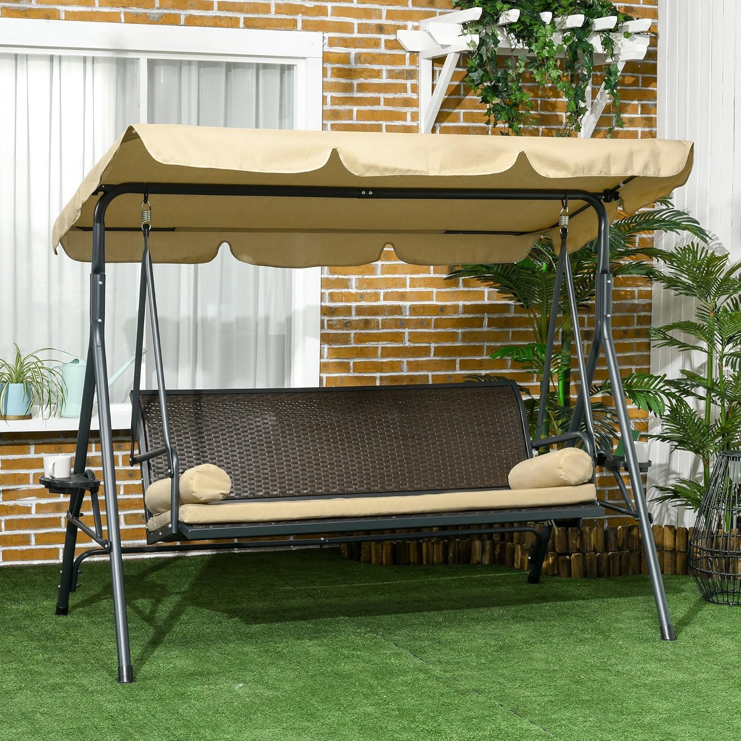 Outsunny 3-Seat Patio Swing Chair, Swing Bench for Outside w/Adjustable Shade, Removable Cushion and Rattan Seat, for Garden, Porch, Backyard, Poolside