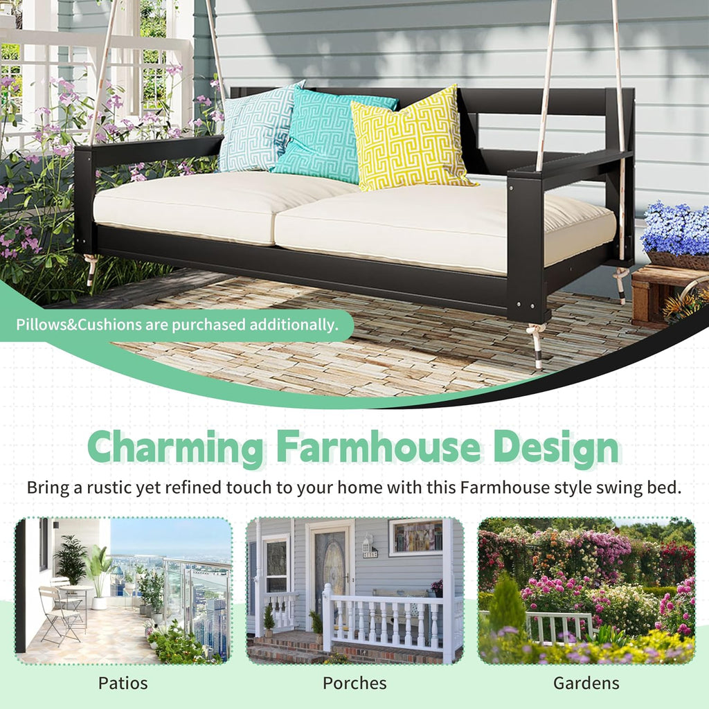 LUMISOL Twin Size Porch Swing Daybed Frame, Garden Porch Swing Bench Chair with 4 Hanging Ropes for Backyard Outdoor, Black
