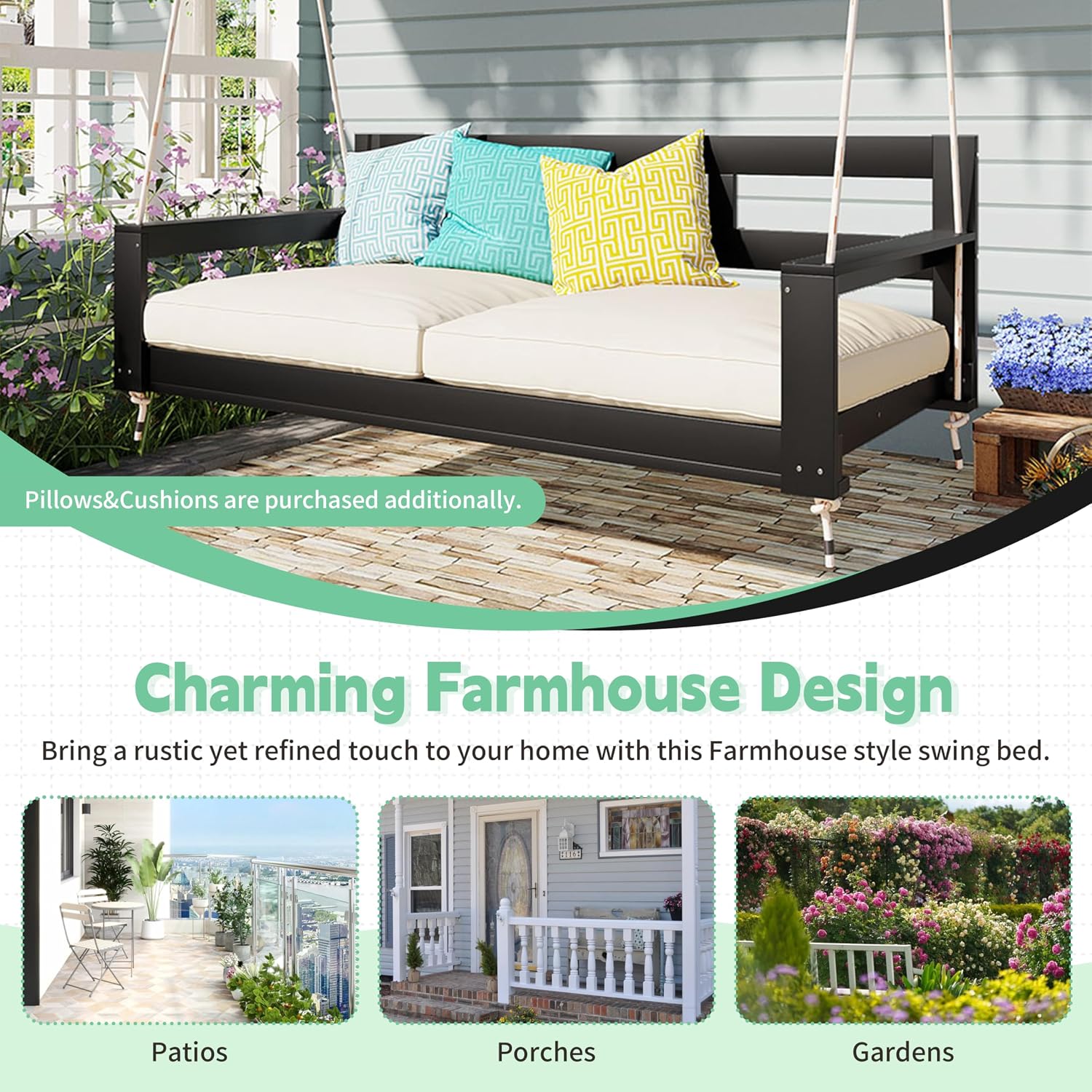 LUMISOL Twin Size Porch Swing Daybed Frame, Garden Porch Swing Bench Chair with 4 Hanging Ropes for Backyard Outdoor, Black