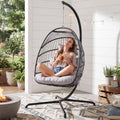 RADIATA Outdoor Self-Standing Egg Chair with Stand, 350Lbs Wicker Rattan Hanging Hammock Chair with Comfy Cushion, Single Eggshell Basket Swing Seat for Garden Balcony Bedroom Patio, Light Grey
