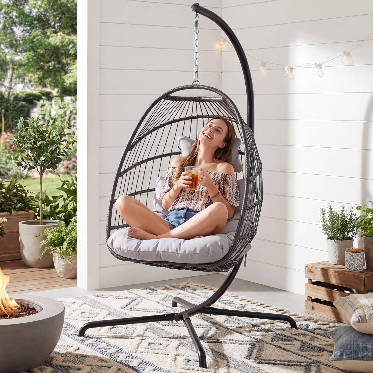 RADIATA Outdoor Self-Standing Egg Chair with Stand, 350Lbs Wicker Rattan Hanging Hammock Chair with Comfy Cushion, Single Eggshell Basket Swing Seat for Garden Balcony Bedroom Patio, Light Grey